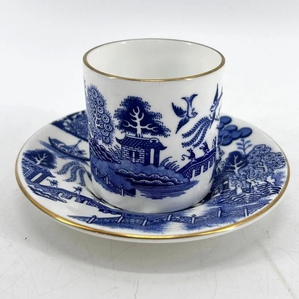 Coalport Blue Willow Demitasse Cup & Saucer Set Bone China Gold Trim - Damaged